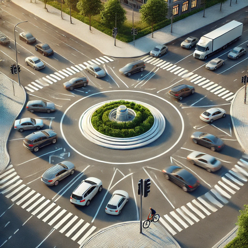 A roundabout with multiple cars navigating around a central island. The roundabout has clear lane markings and traffic signs. A pedestrian waits at the crosswalk while a cyclist rides nearby. The scene is set in an urban area with trees and buildings in the background.